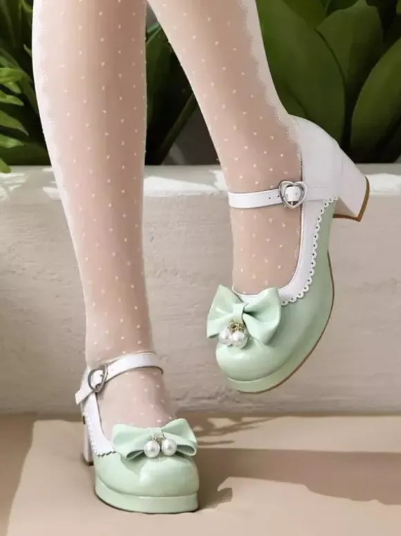 Chaussures Lolita Sweet en cuir PU violet avec perles et n艙uds bout rond