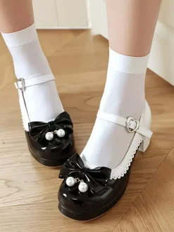 Chaussures Lolita Sweet en cuir PU violet avec perles et n艙uds bout rond