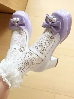 Chaussures Lolita Sweet en cuir PU violet avec perles et n艙uds bout rond