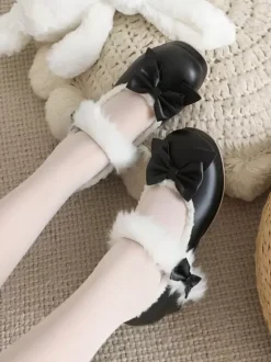 Chaussures Lolita Sweet en cuir PU à bout rond avec n艙uds rouges