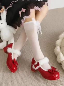 Chaussures Lolita Sweet en cuir PU à bout rond avec n艙uds rouges
