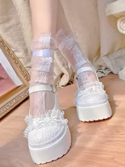 Chaussures Lolita Sweet Escarpins Lolita à talons épais en cuir PU avec n艙uds blancs et dentelle