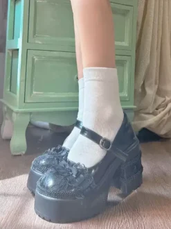 Chaussures Lolita Sweet Escarpins Lolita à talons épais en cuir PU avec n艙uds blancs et dentelle