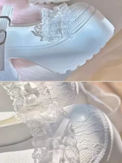 Chaussures Lolita Sweet Escarpins Lolita à talons épais en cuir PU avec n艙uds blancs et dentelle