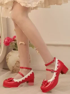 Chaussures Lolita Sweet escarpins Lolita rouges à volants et n艙uds bout rond en cuir synthétique