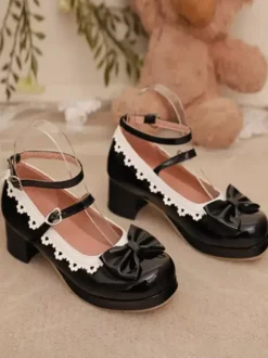 Chaussures Lolita Sweet escarpins Lolita rouges à volants et n艙uds bout rond en cuir synthétique