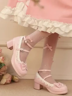 Chaussures Lolita Sweet escarpins Lolita rouges à volants et n艙uds bout rond en cuir synthétique