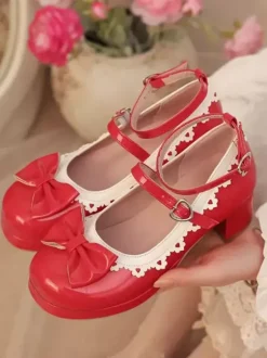 Chaussures Lolita Sweet escarpins Lolita rouges à volants et n艙uds bout rond en cuir synthétique