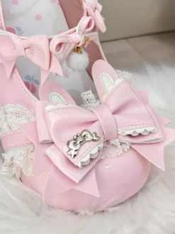 Chaussures Lolita Sweet à n艙uds roses Rubbit Bunny en cuir PU à talons compensés
