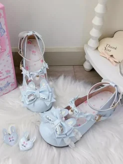Chaussures Lolita Sweet à n艙uds roses Rubbit Bunny en cuir PU à talons compensés