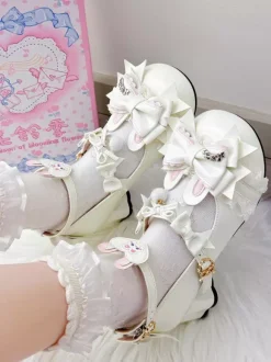 Chaussures Lolita Sweet à n艙uds roses Rubbit Bunny en cuir PU à talons compensés