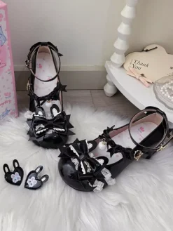 Chaussures Lolita Sweet à n艙uds roses Rubbit Bunny en cuir PU à talons compensés