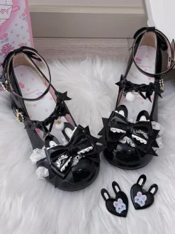 Chaussures Lolita Sweet à n艙uds roses Rubbit Bunny en cuir PU à talons compensés