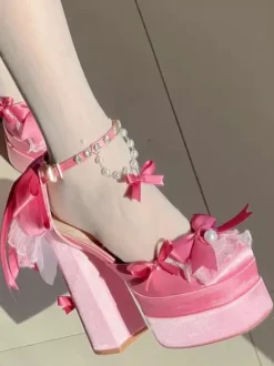 Chaussures Lolita Sweet roses à lacets et n艙uds bout rond talon compensé.