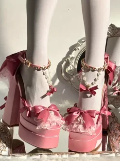 Chaussures Lolita Sweet roses à lacets et n艙uds bout rond talon compensé.