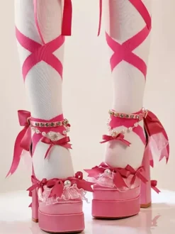 Chaussures Lolita Sweet roses à lacets et n艙uds bout rond talon compensé.