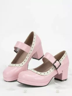 Chaussures Lolita Sweet à talons compensés en cuir verni avec n艙uds roses