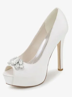 Chaussures mariée blanche en satin bout ouvert Chaussures femme cérémonie