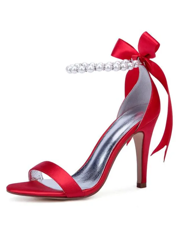Chaussures mariée blanches en satin à bout ouvert avec boucle de perles à talons haut sandales de mariée