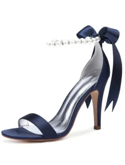 Chaussures mariée blanches en satin à bout ouvert avec boucle de perles à talons haut sandales de mariée