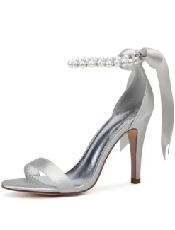 Chaussures mariée blanches en satin à bout ouvert avec boucle de perles à talons haut sandales de mariée