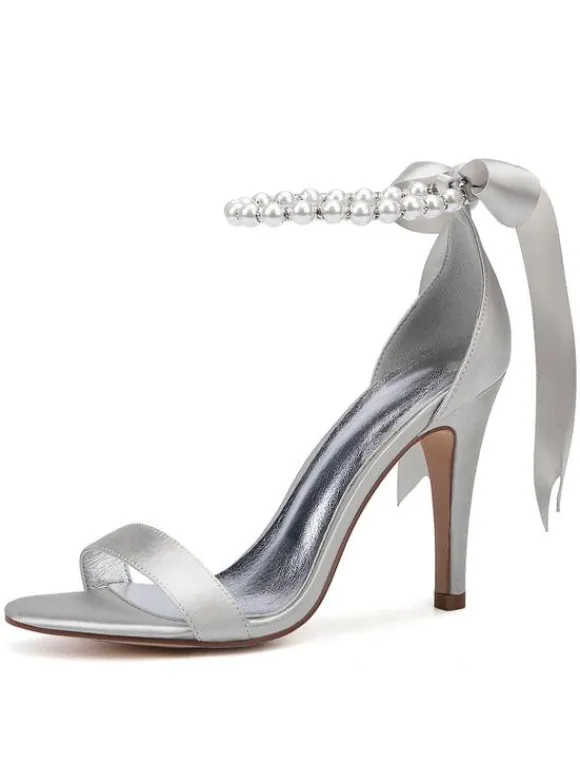 Chaussures mariée blanches en satin à bout ouvert avec boucle de perles à talons haut sandales de mariée