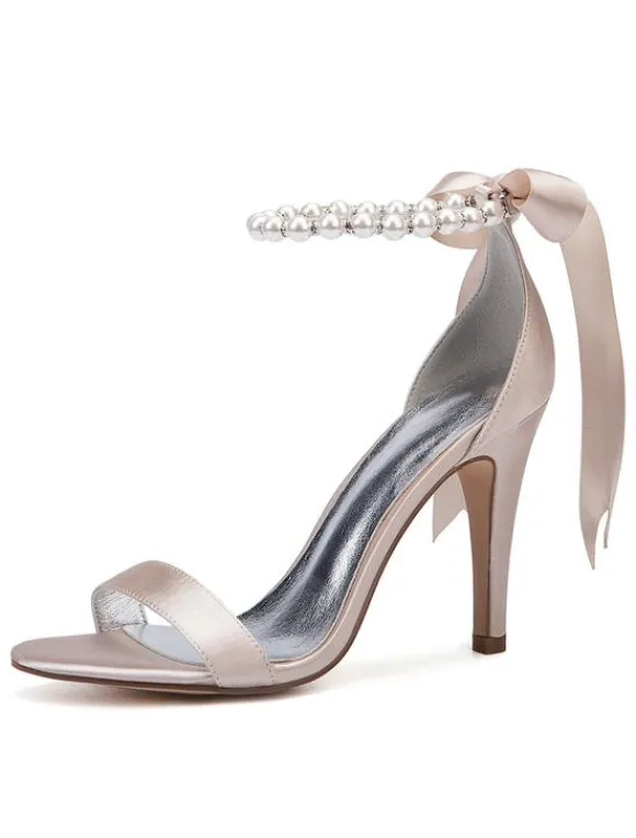 Chaussures mariée blanches en satin à bout ouvert avec boucle de perles à talons haut sandales de mariée