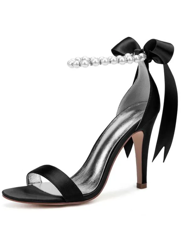 Chaussures mariée blanches en satin à bout ouvert avec boucle de perles à talons haut sandales de mariée