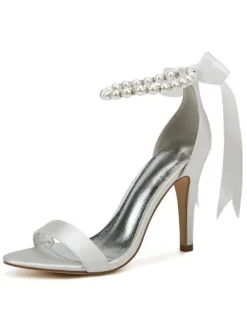 Chaussures mariée blanches en satin à bout ouvert avec boucle de perles à talons haut sandales de mariée