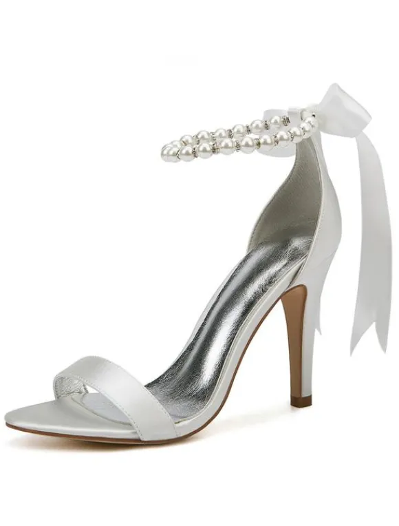 Chaussures mariée blanches en satin à bout ouvert avec boucle de perles à talons haut sandales de mariée