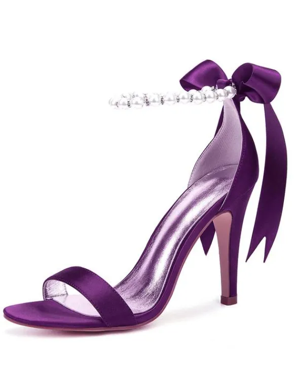 Chaussures mariée blanches en satin à bout ouvert avec boucle de perles à talons haut sandales de mariée