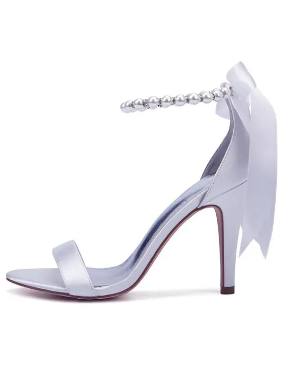 Chaussures mariée blanches en satin à bout ouvert avec boucle de perles à talons haut sandales de mariée