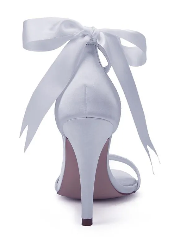 Chaussures mariée blanches en satin à bout ouvert avec boucle de perles à talons haut sandales de mariée