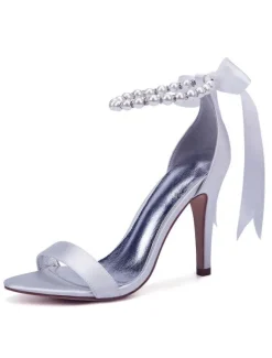 Chaussures mariée blanches en satin à bout ouvert avec boucle de perles à talons haut sandales de mariée