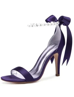 Chaussures mariée blanches en satin à bout ouvert avec boucle de perles à talons haut sandales de mariée