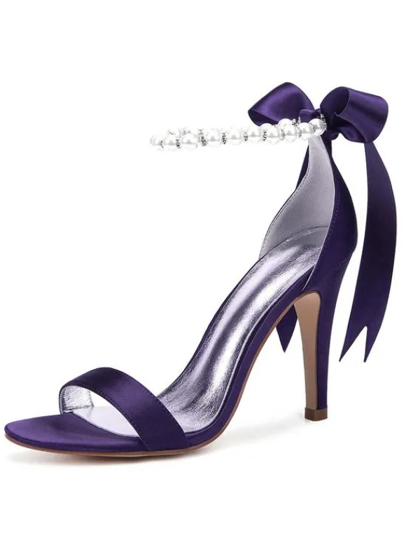 Chaussures mariée blanches en satin à bout ouvert avec boucle de perles à talons haut sandales de mariée