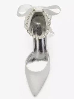 Chaussures mariée en satin bout pointu perles chaussures femme blanche à talon
