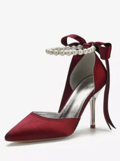 Chaussures mariée en satin bout pointu perles chaussures femme blanche à talon
