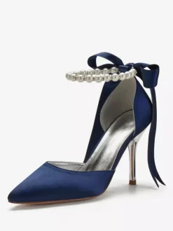 Chaussures mariée en satin bout pointu perles chaussures femme blanche à talon