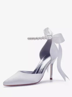 Chaussures mariée en satin bout pointu perles chaussures femme blanche à talon
