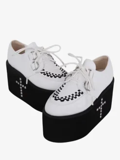 Chaussures mignonne Lolita avec rivets métalliques blancs chaussures Lolita en cuir PU à bout rond