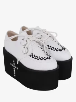 Chaussures mignonne Lolita avec rivets métalliques blancs chaussures Lolita en cuir PU à bout rond