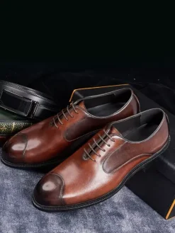 Chaussures Oxford pour hommes bout pointu style business décontracté en cuir véritable à lacets et bout droit