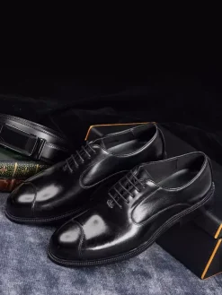 Chaussures Oxford pour hommes bout pointu style business décontracté en cuir véritable à lacets et bout droit