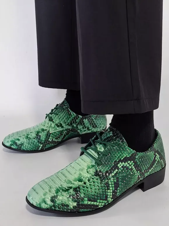 Chaussures Oxford vertes à lacets motif serpent