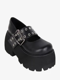 chaussures épaisses gothiques Lolita en cuir PU à bout rond Lolita noires