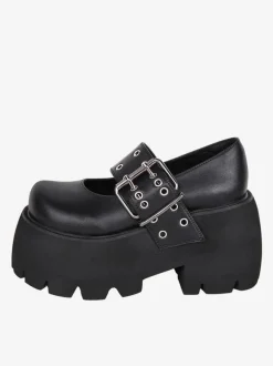 chaussures épaisses gothiques Lolita en cuir PU à bout rond Lolita noires