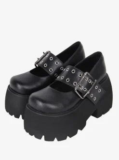 chaussures épaisses gothiques Lolita en cuir PU à bout rond Lolita noires