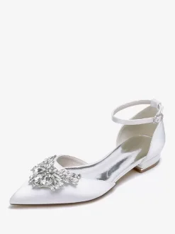 Chaussures Plates De Mariée Mariage Bride Strass Satin Bout Pointu