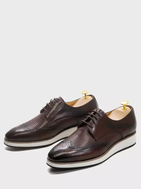 Chaussures Richelieu pour hommes bout rond en cuir véritable à lacets.